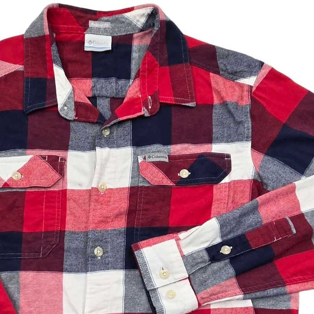 Columbia Flare Gun Stretch Flannel Shirt Omni-Wick Red Navy Plaid Mens Large